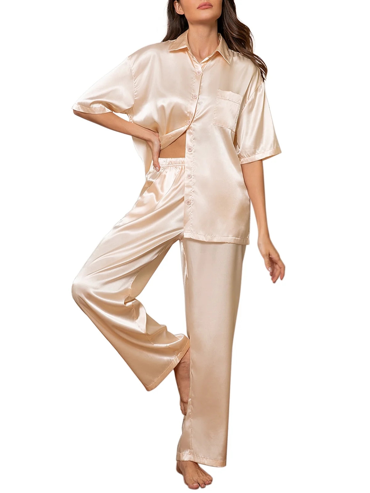 DAKIMOE Womens Satin Silk Pajama Sets Short Sleeve Button Down Pajamas Women Pjs Lounge Sets Slee... | Walmart (US)