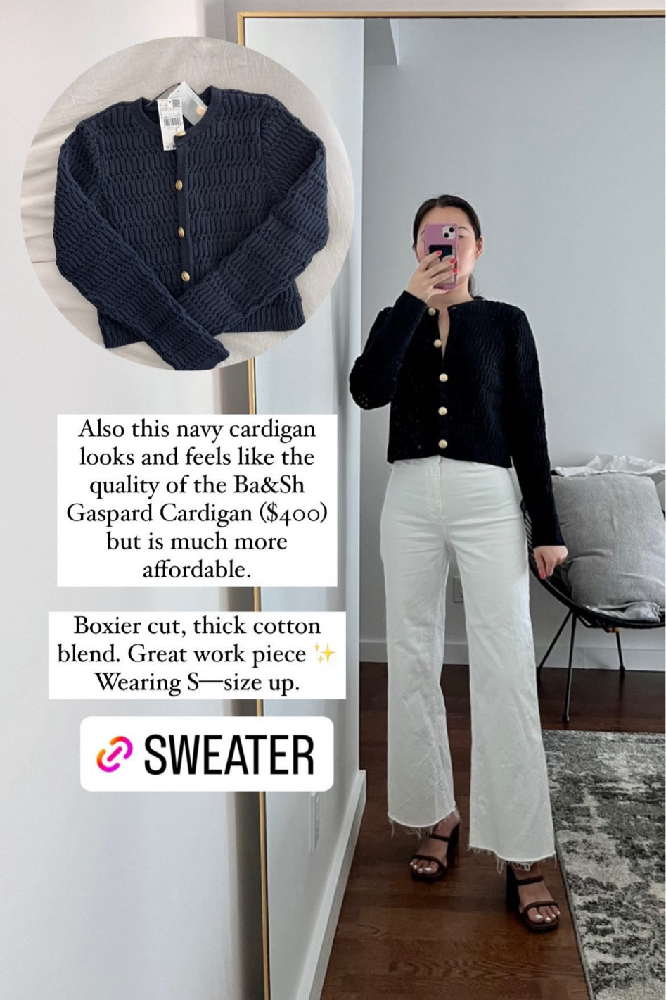 Navy Parisian style cardigan - high-quality and comes with gold buttons. Wearing S. Size up, runs small, and slightly cropped. 

#LTKHolidaySale #LTKSeasonal #LTKstyletip