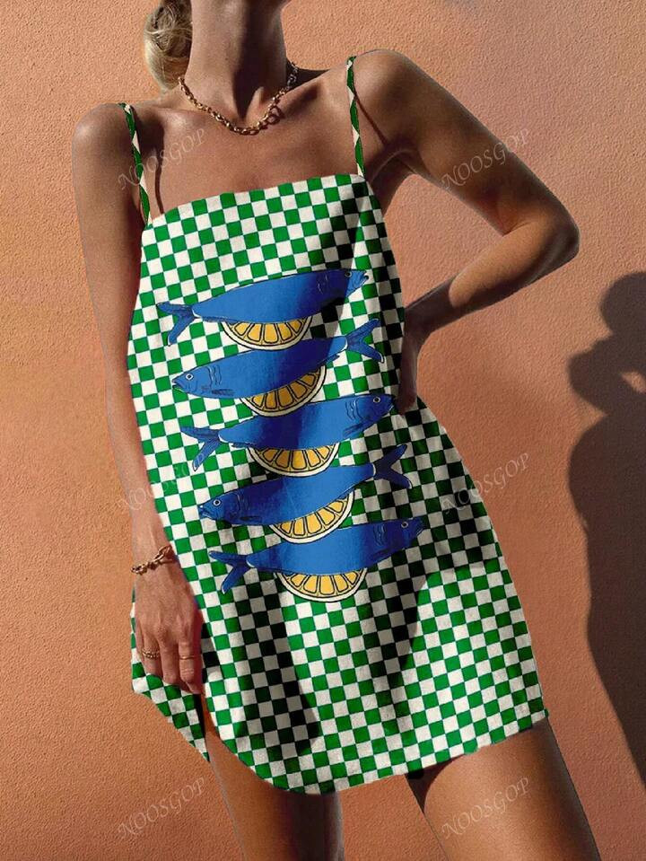 Bohemian Resort Wear Spring And Summer Seaside Women's Leisure Vacation Full Set Sling Plaid/Sardine Print A-Line Skirt Dress Brunch Outfits For Women | SHEIN
