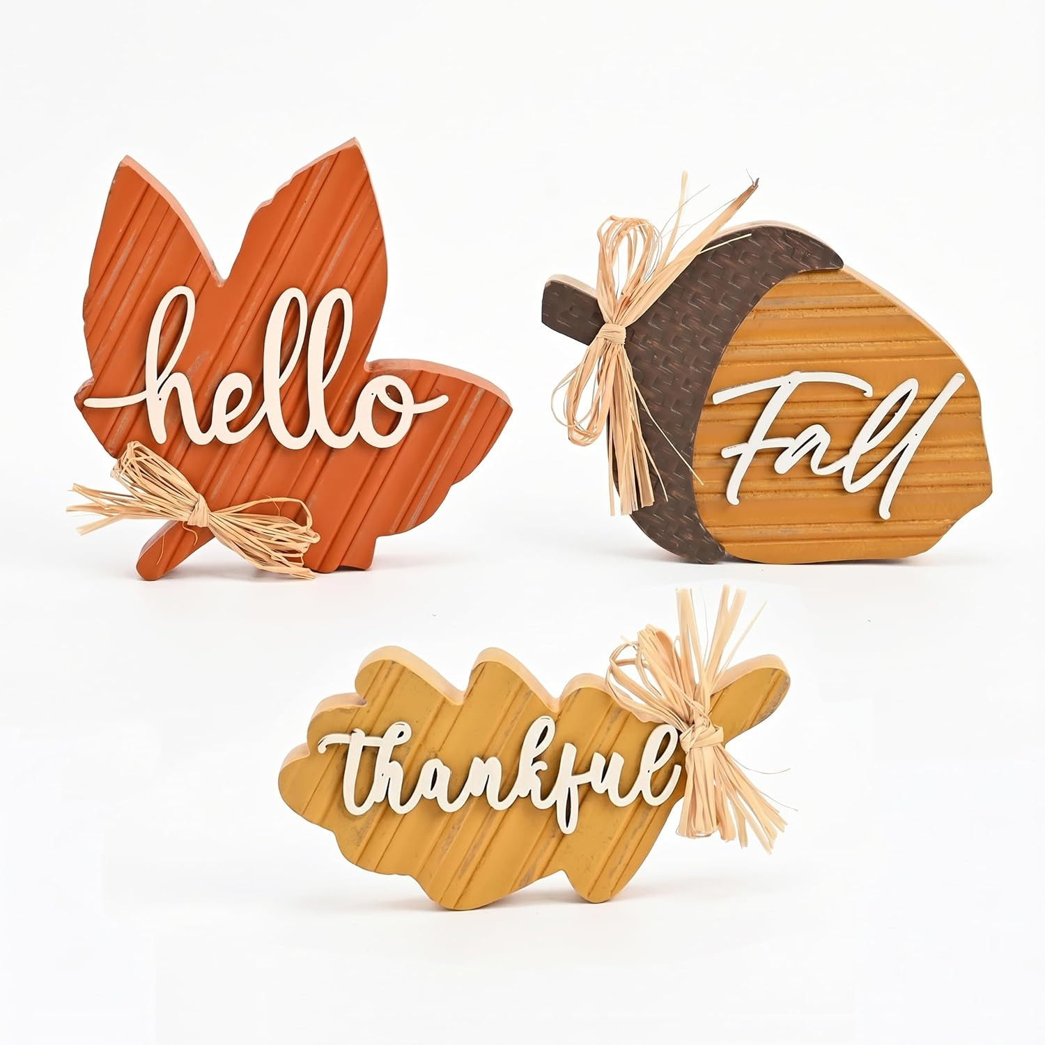 Valery Madelyn Fall Decorations for Home, 3Pcs Wooden Fall Decor with Maple Leaf Oak Leaf and Acorn for Indoor Table Decor, Rustic Farmhouse Thanksgiving Decorations for Autumn Harvest, 4 inch | Amazon (US)