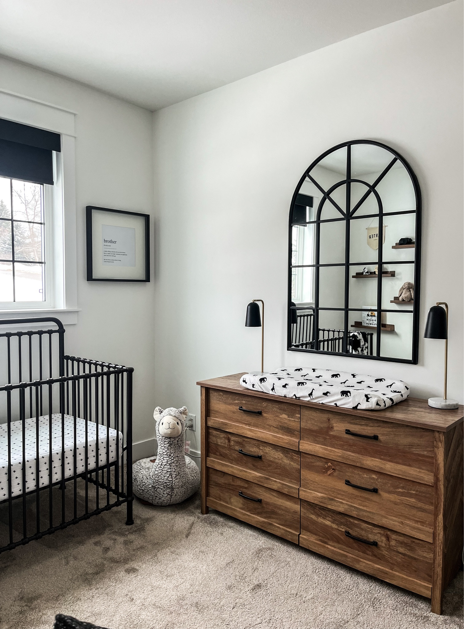 S A L E / Carter’s lil man’s cave is starting to come together. Swooning over these Wayfair furniture pieces ALL ON SALE NOW😍

dresser | black metal mirror | vintage iron crib | nursery | baby boy | farmhouse 