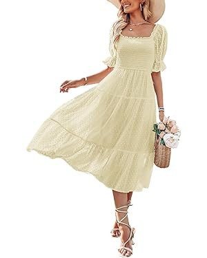 MEROKEETY Women's 2024 Summer Square Neck Puff Sleeve Boho Midi Dress Swiss Dot Ruffle Flowy Tie ... | Amazon (US)