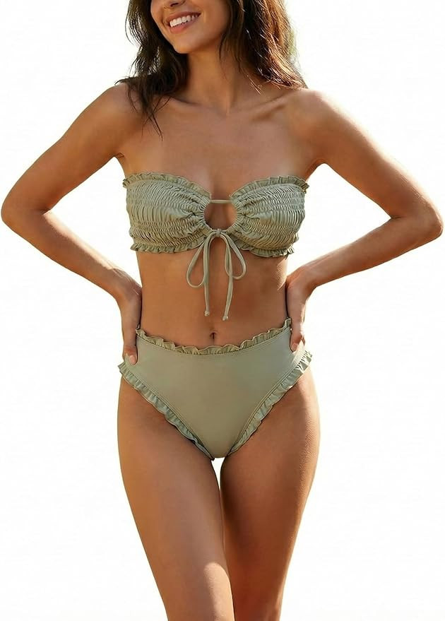 Women's Ruffle Bikini Set 2 Piece Swimsuit, Smocked Bandeau Top, High Waisted Bottom, Cheeky Cove... | Amazon (US)