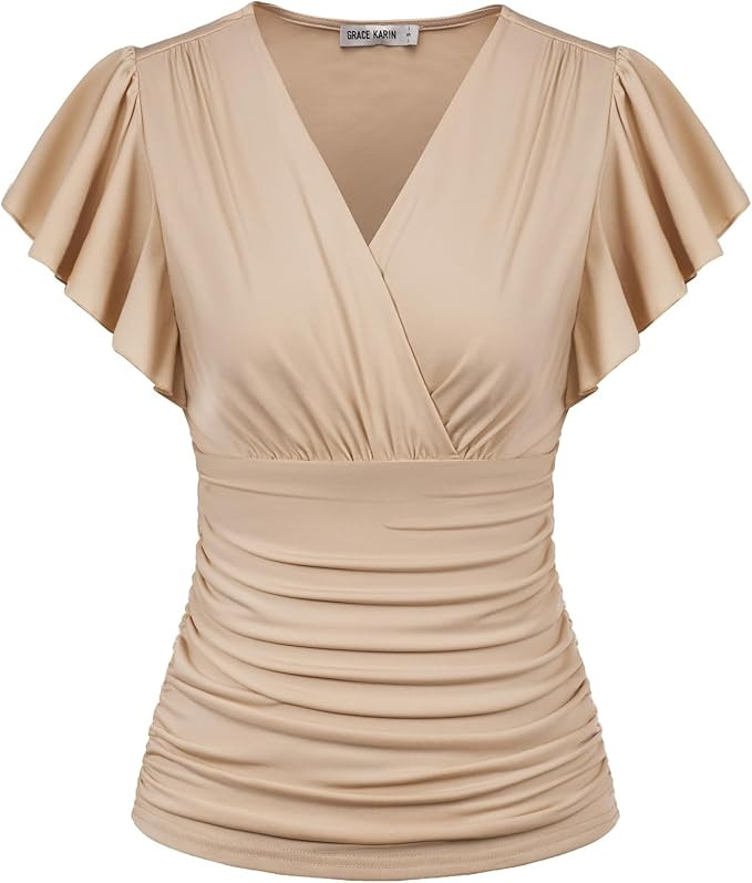 GRACE KARIN 2025 Womens Tops Summer Wrap Blouse V Neck Ruffle Sleeve Dressy Casual Top Ruched Tre... | Amazon (US)