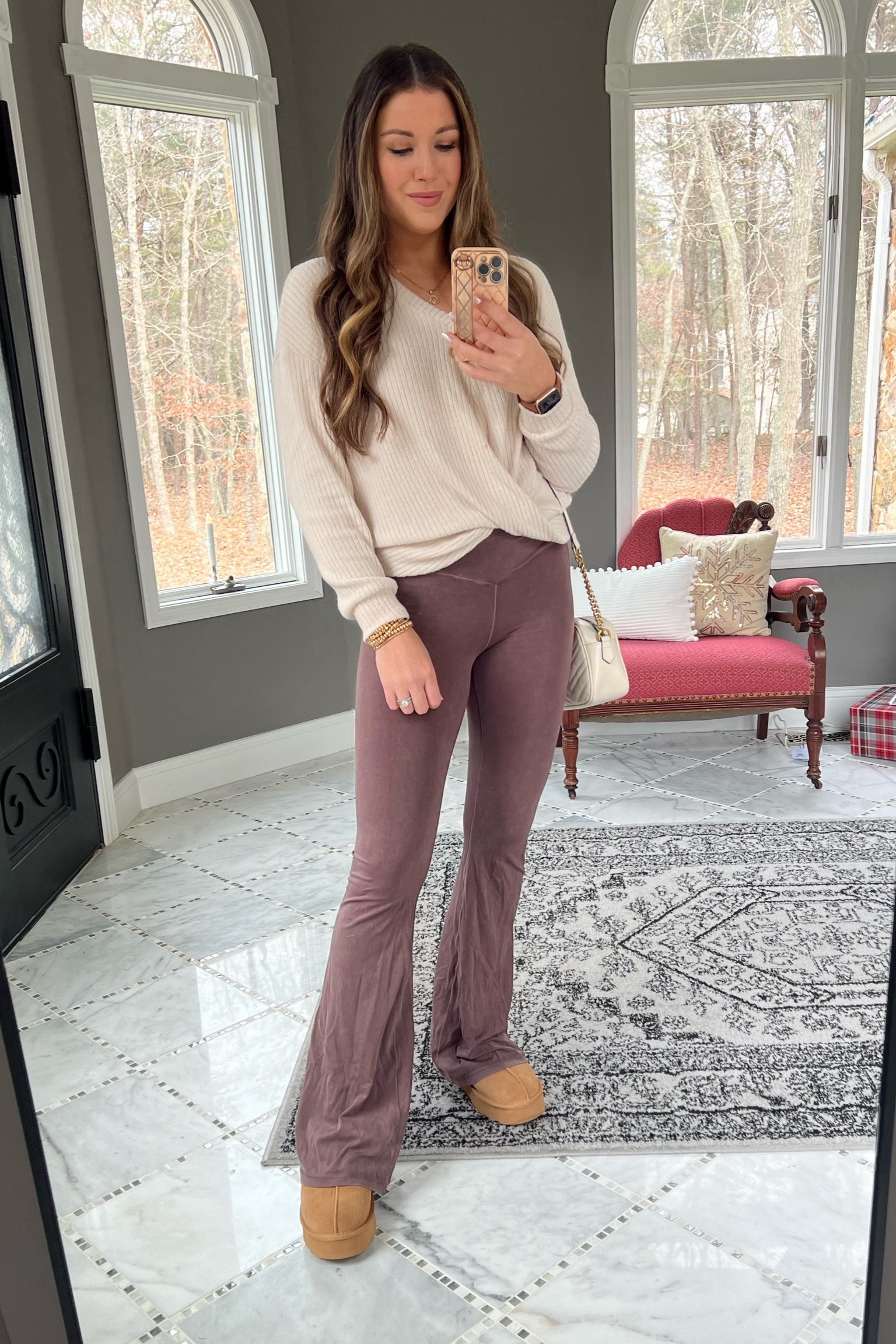 Mom OOTD. 

neutral outfit, SAHM outfits, SAHM looks, mom outfits, millennial outfits, over 30 style, casual style, casual look, easy outfits, over 30 mom outfits, casual outfits, everyday style, everyday looks, everyday outfits, simple outfit, affordable style, affordable fashion, affordable outfit, vanilla girl, vanilla girl aesthetic, neutral looks, neutral style, neutral outfit, brown flare leggings, white sweater, Gucci bag, platform slippers, platform Uggs 