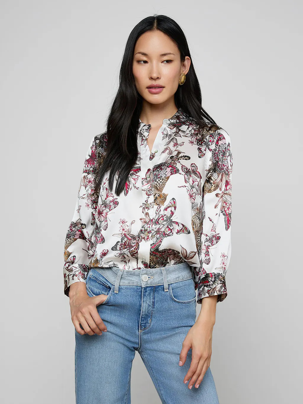 Dani Silk Blouse in White Multi Small Butterfly Jungle | L'AGENCE | L'Agence