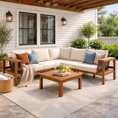 4 - Piece Outdoor Solid Wood Patio Conversation Set With Cushions | Wayfair North America