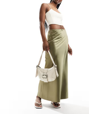 Miss Selfridge satin trim detail bias maxi skirt in khaki | ASOS (Global)
