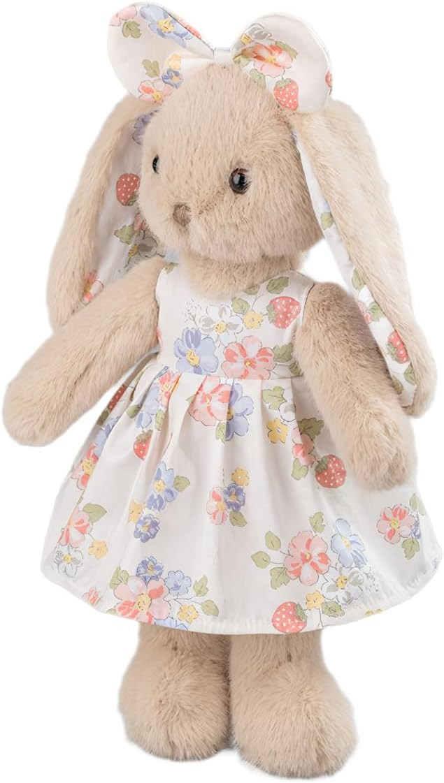 14” Plush Bunny Stuffed Animal, Beige Rabbit with Floral Strawberry Dress & Bow, Soft Easter Bu... | Amazon (US)