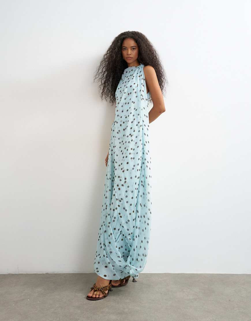 Topshop draped hem chiffon midi occasion dress in blue and chocolate polka dot print | ASOS (Global)