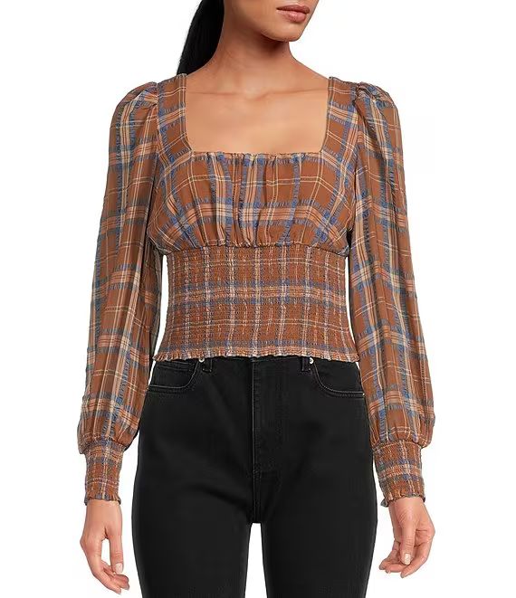 Gianni Bini Faye Plaid Smocked Square Neck Long Sleeve Woven Blouse | Dillard's | Dillard's