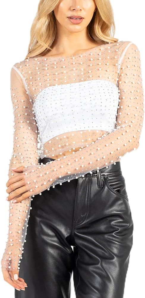 Womens Sexy See Through Long Sleeve Going Out Tops Pearl Rhinestone Sheer Mesh Crop Tops Round Ne... | Amazon (US)