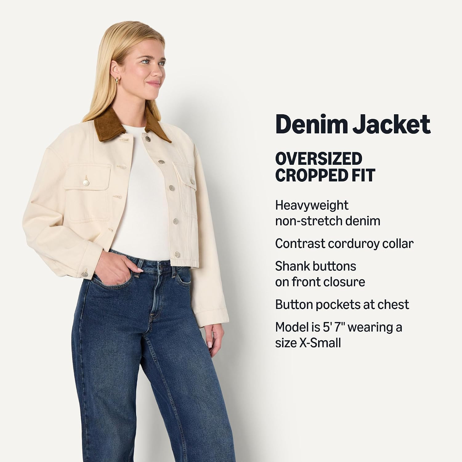 Amazon Essentials Women's Oversized-Fit Cropped Heavyweight Denim Jacket with Contrast Corduroy Collar | Amazon (US)