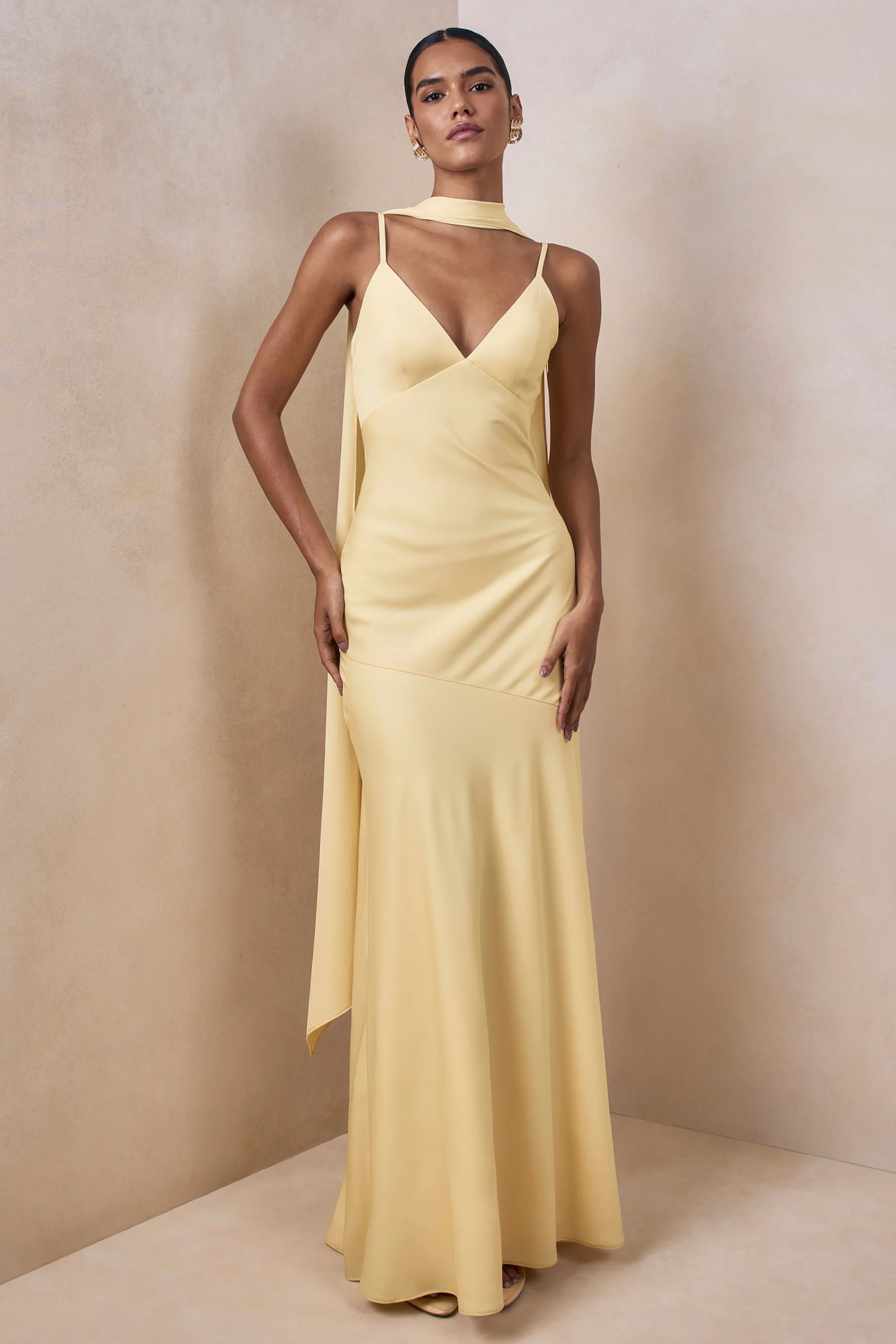 Starling | Lemon Matte Satin Plunge-Neck Maxi Dress With Scarf-Detail | Club L London