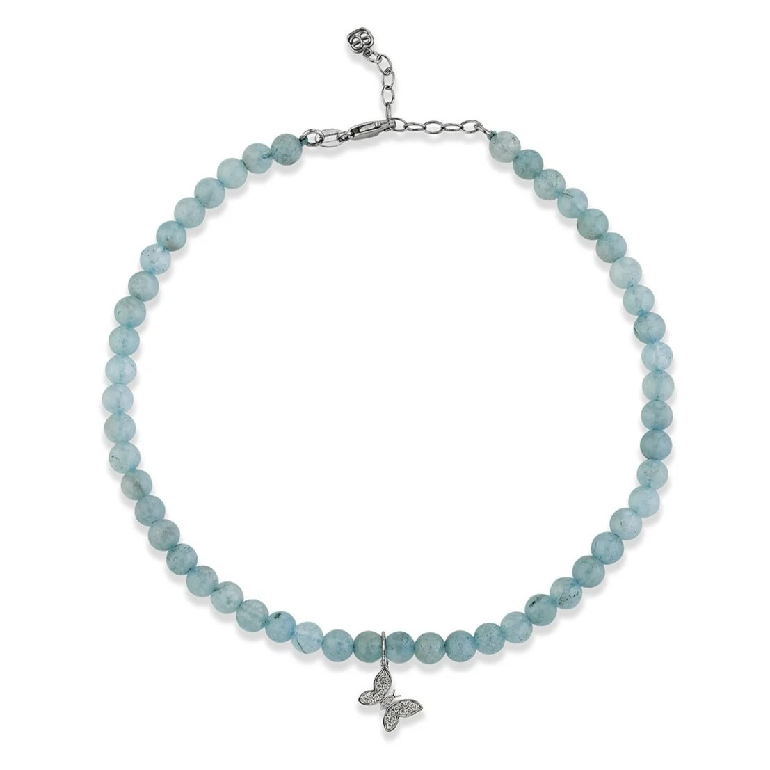 White Gold & Diamond Tiny Butterfly on Aquamarine Anklet | Sydney Evan