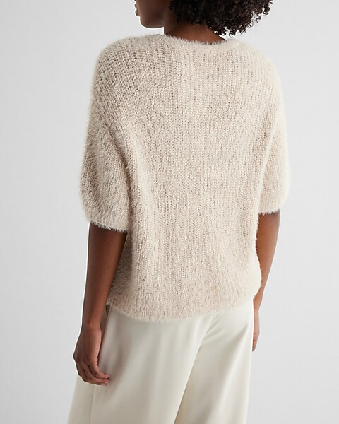 Faux Fur Sequin Crew Neck Short Puff Sleeve Sweater | Express
