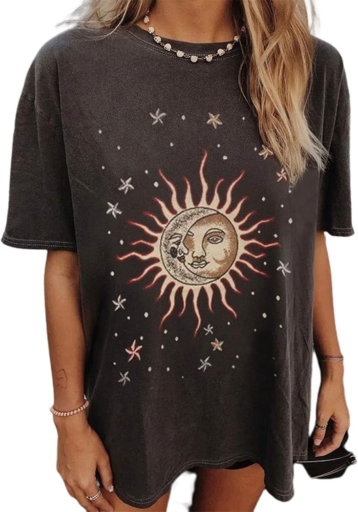 Remidoo Women Sun and Moon Tie Dye T-Shirt Round Neck Short Sleeve Top Casual Funny Cute Teen Girl T | Amazon (US)
