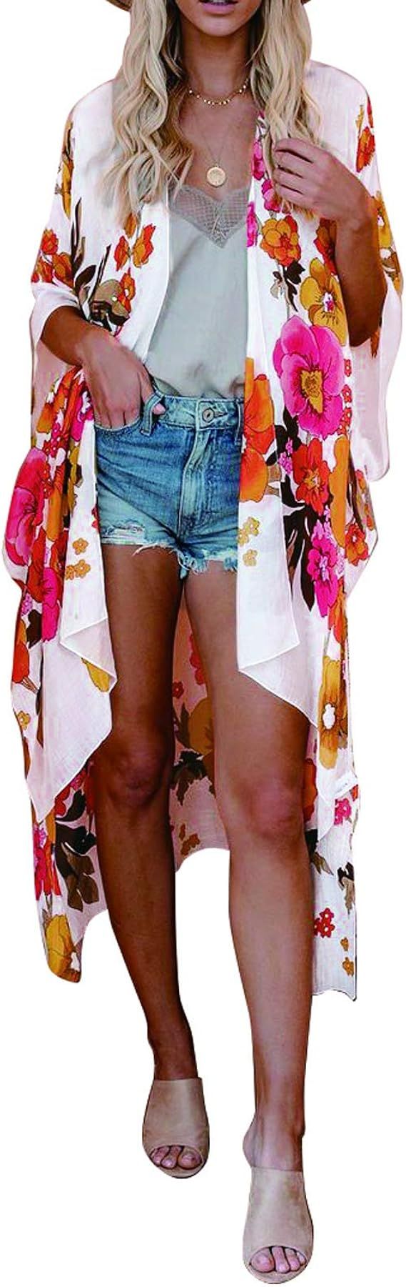 Zexxxy Women Floral Print Kimono Sheer Chiffon Cardigan Half Sleeve Cover Up | Amazon (US)