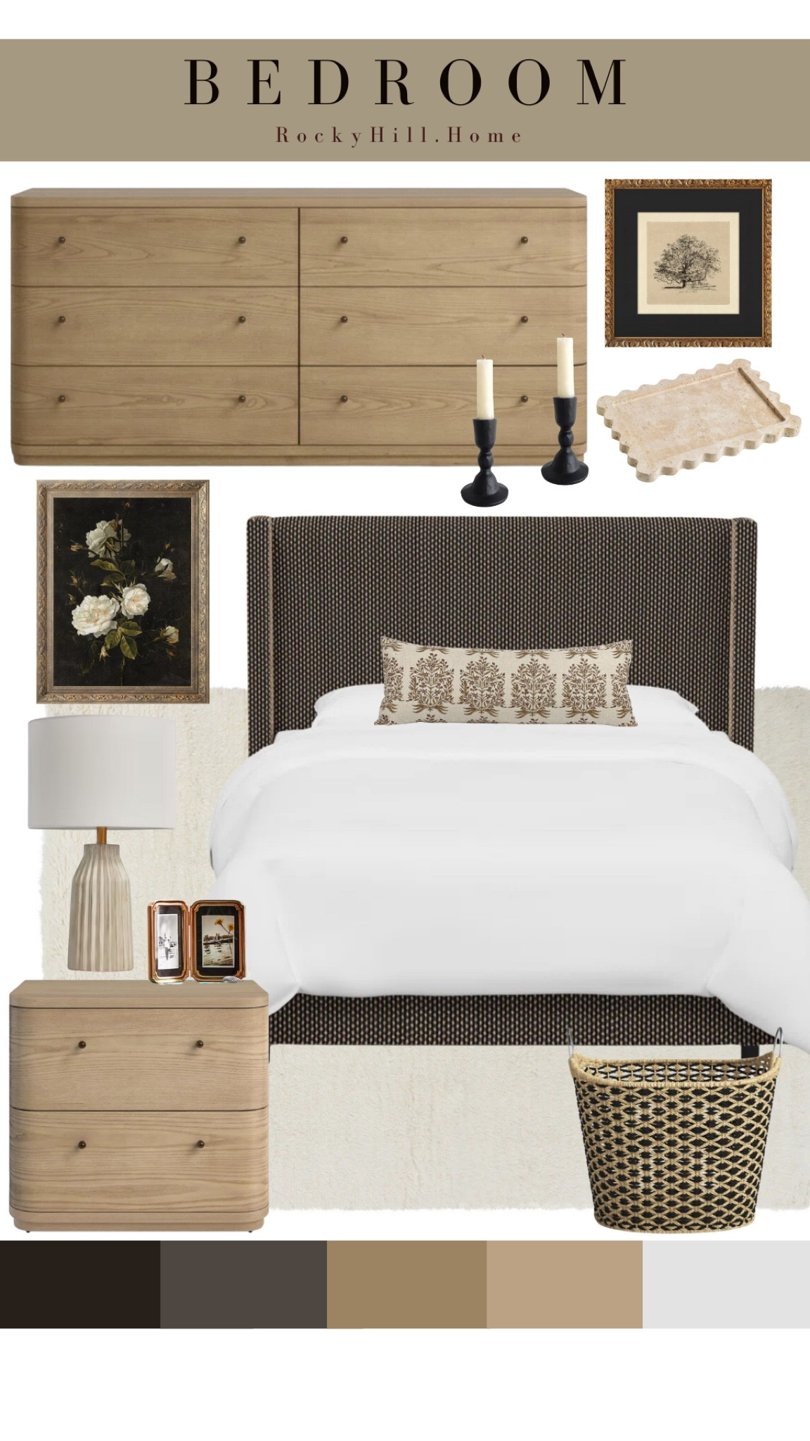 This neutral modern traditional bedroom is made calm and cozy with a subtly patterned bed, cream shag rug, contemporary white oak dresser, nightstand, and framed antique art prints. Pops of black, and the mix of textures, create a contrast that will keep this neutral design feeling interesting. 

#LTKSaleAlert #LTKFindsUnder100 #LTKHome