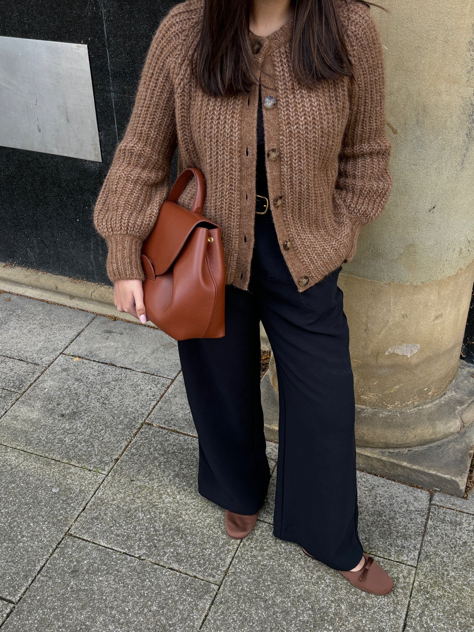cosy outfit, tan cardigan, brown cardigan, sezane, oversized cardigan, black trousers, petite black trousers, wide leg trousers, abercrombie, polene bag, satin ballet flats, h&m, autumn fashion, autumn inspo, transitional outfit 

#LTKstyletip #LTKeurope #LTKSeasonal