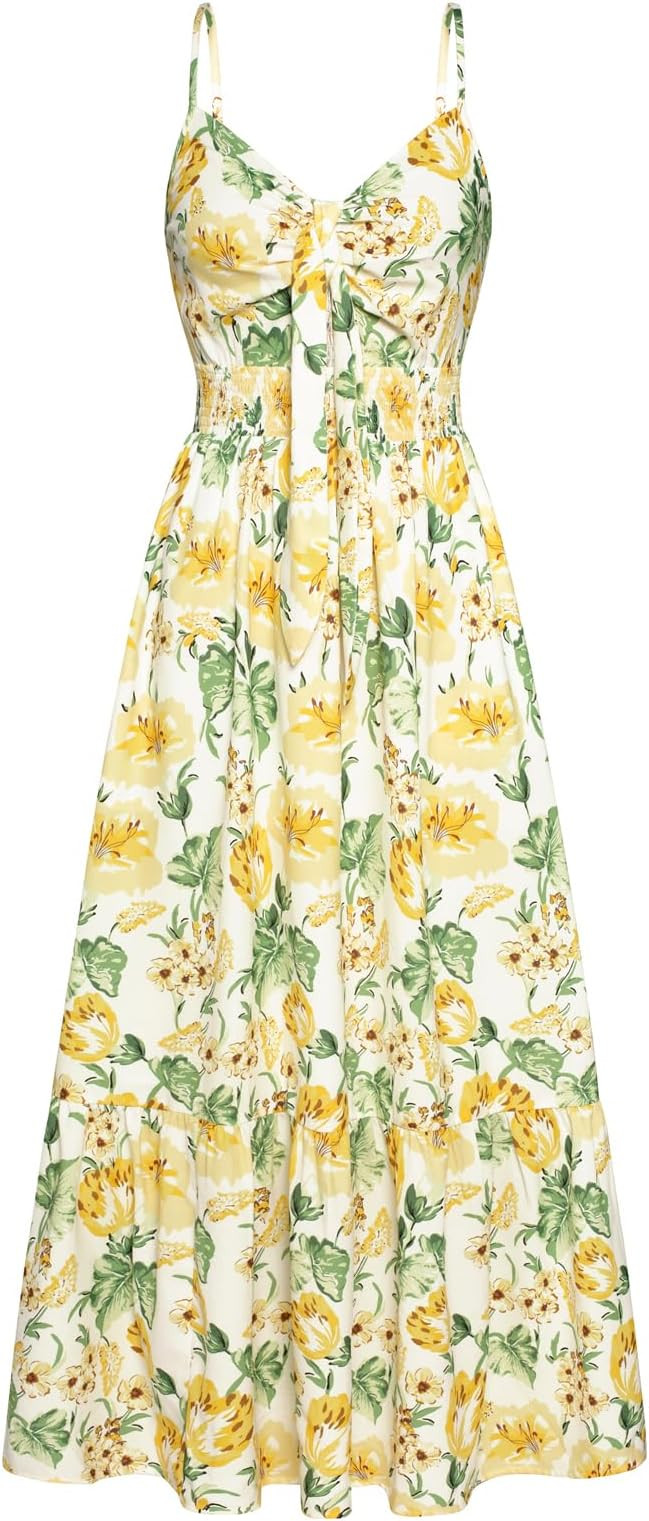 GRACE KARIN Women's 2025 Summer Beach Dress Floral V Neck Tie Front Spaghetti Strap Flowy Long Dr... | Amazon (US)