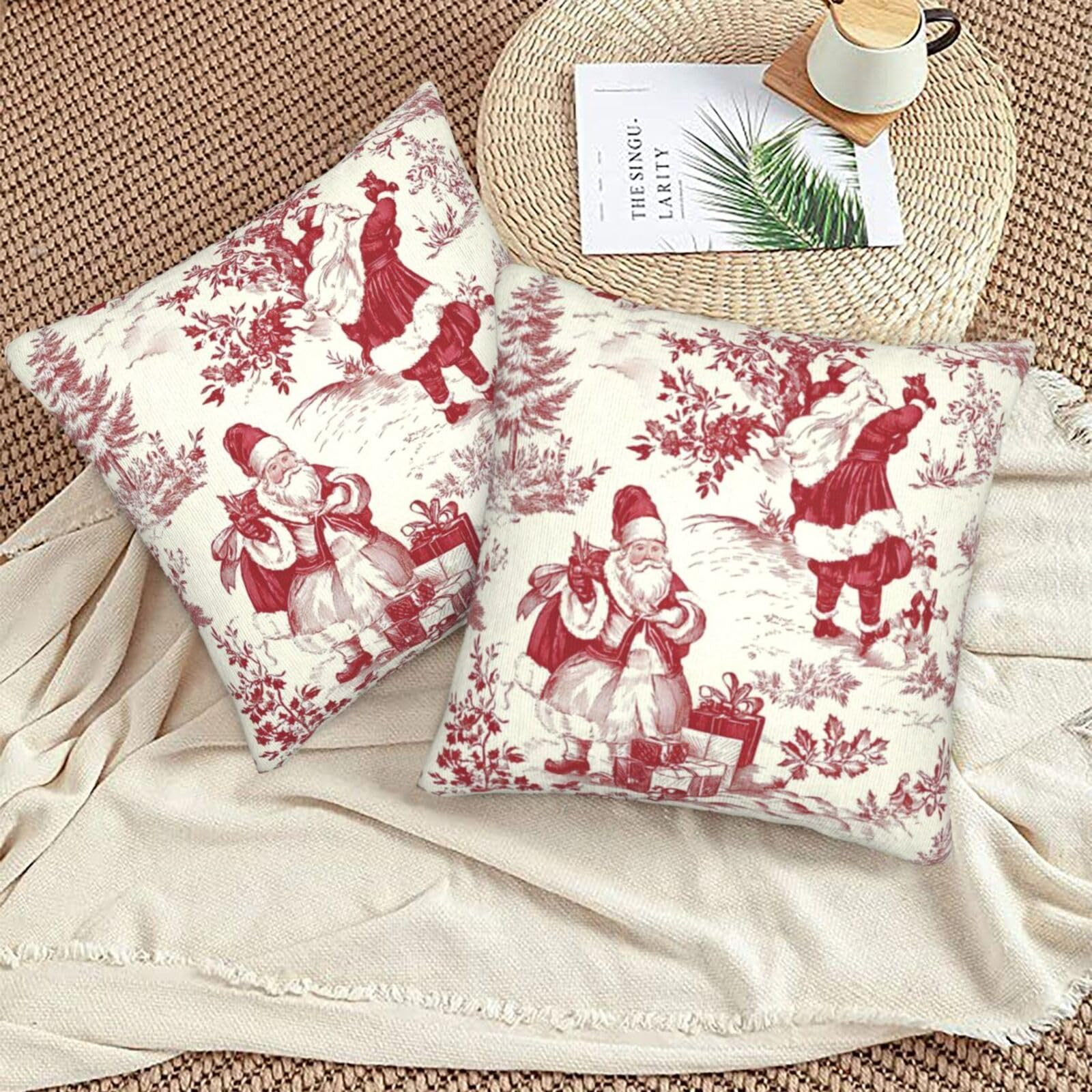 HOSTECCO Red Christmas Throw Pillow Covers 18x18 inch Set of 2 Winter Toile Pillow Cases Xmas San... | Amazon (US)