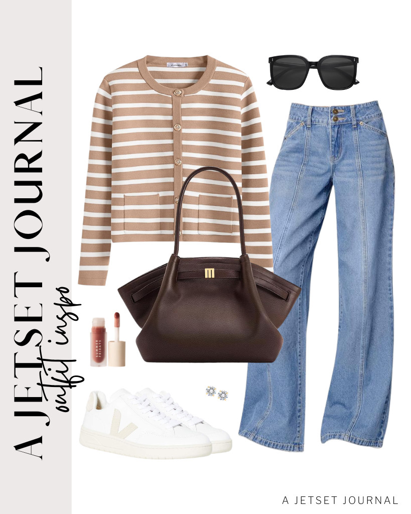 This pair of Veja sneakers is perfect for this striped button-down cardigan and Sidefeel jeans combo. We also love this VENIVORA tote bag and SOJOS sunnies for this look.

#LTKSeasonal #LTKSaleAlert #LTKTravel
 

 