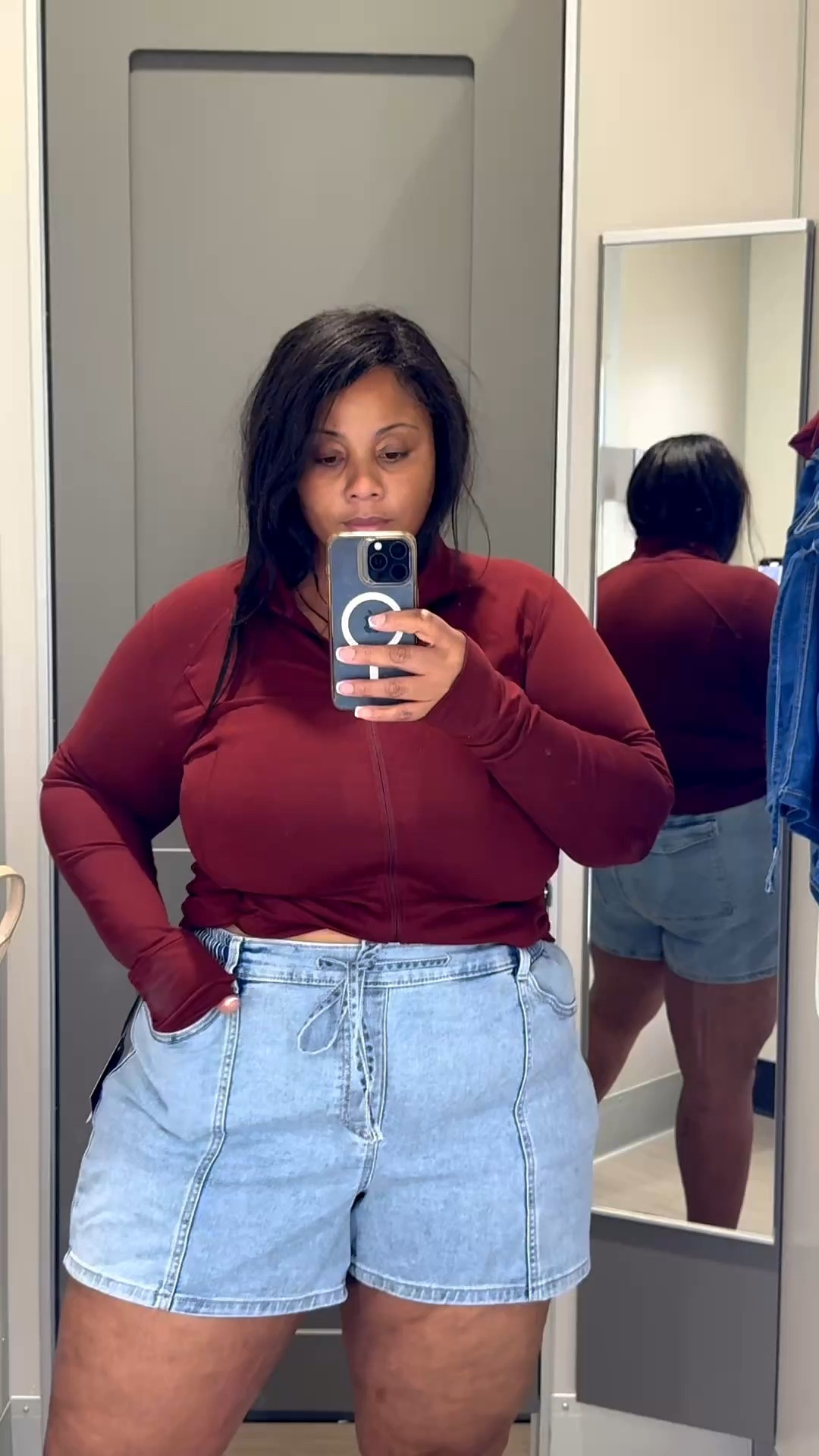 Wearing a 18 in light blue and 20 in dark blue . 56”in hips. Cute Jean shorts 