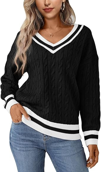 Jollycode Women's Cable Knit V Neck Sweaters Casual Long Sleeve Pullover Striped 2023 Trendy Loos... | Amazon (US)