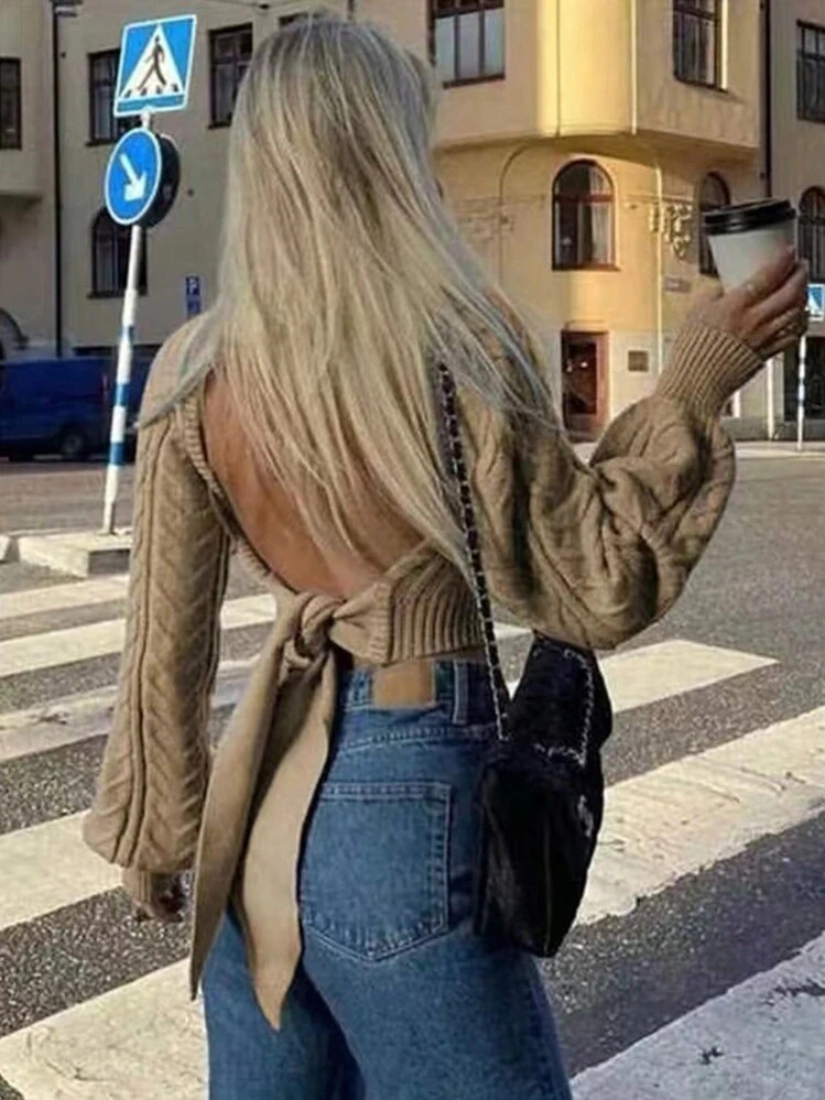 SHEIN Essnce Ladies Sexy Solid Color Backless Tie-Up Cropped Sweater, Autumn | SHEIN