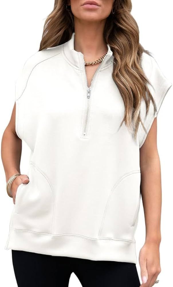 SHEWIN Women's Casual Short Sleeve Half Zip Pullover Sweatshirt Tops with Pockets 2024 Fashion Lo... | Amazon (US)