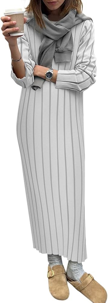 Yousify Womens 2024 Trendy Fall Long Sleeve Sweater Dresses Casual Round Neck Split Hem Bodycon S... | Amazon (US)