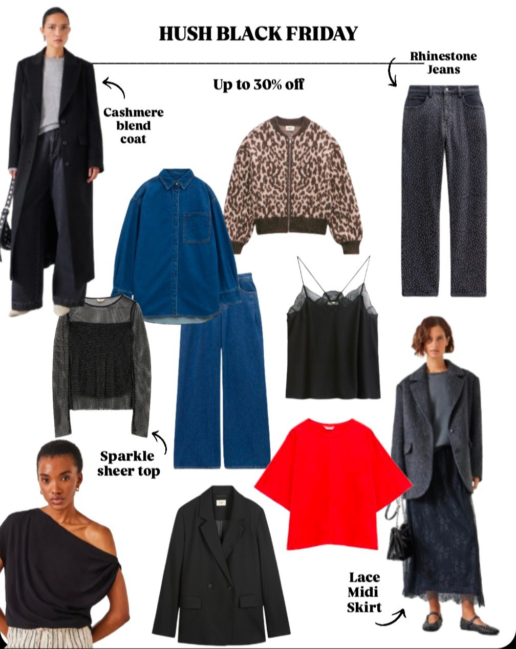 Hush cyber week, up to 30% offRed t shirts, rhinestone jeans, wool cashmere coat, double denim, black blazer, sheer top, leopard bomber 

#LTKCyberWeek #LTKuk #LTKstyletip