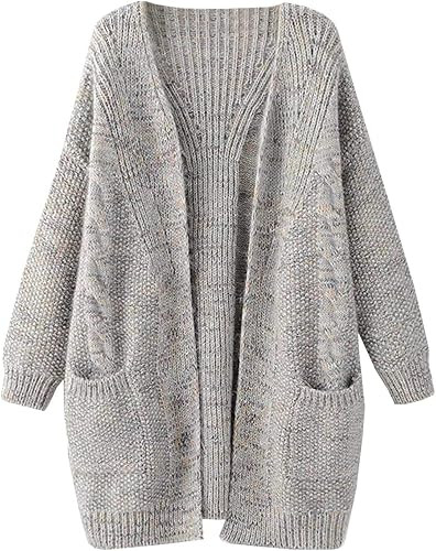 futurino Women's Cable Twist School Wear Boyfriend Pocket Open Front Cardigan Popcorn Sweaters | Amazon (US)
