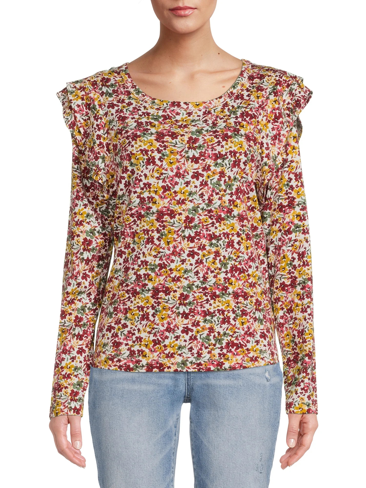 Time and Tru Women's Ruffle Top with Long Sleeves | Walmart (US)