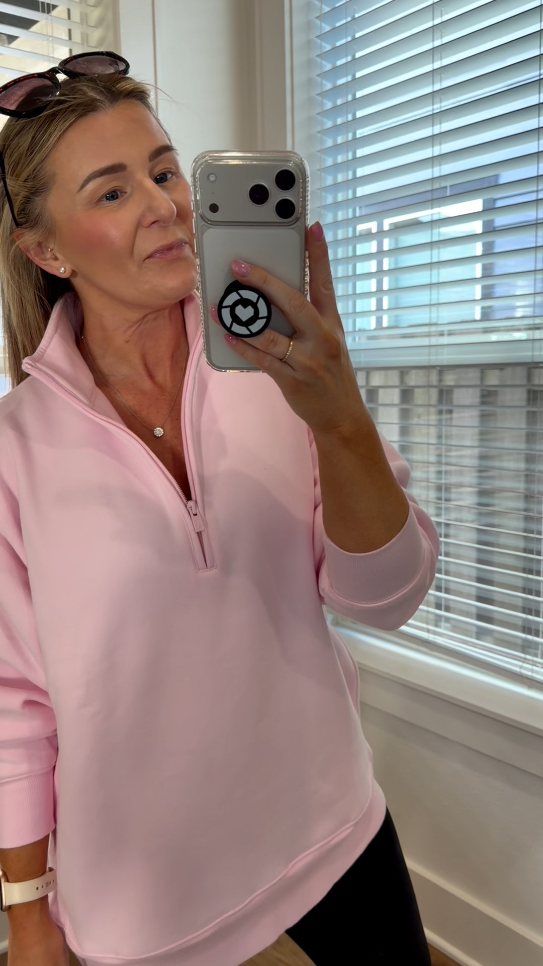 I could barely get ready today after a very long and busy weekend. I didn’t mind throwing this sweatshirt on. The fabric is incredible and I’m obsessed with the pink! Obv had to do the matching pink socks. I have the matching pink sweats in small and they are SO comfy!! 

Small sweatshirt
Small leggings
Shoes run large. I believe this exact color is out of stock but there’s so many colors to choose from. 

#LTKootd #LTKOver40 #LTKActive