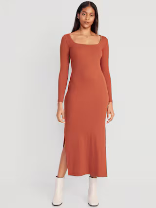 Fitted Rib-Knit Square-Neck Midi Dress for Women | Old Navy (US)