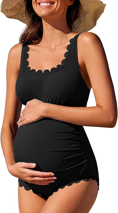 Summer Mae Ribbed Maternity One Piece Swimsuit Scalloped Cut Out Pregnancy Bathing Suit Square Ne... | Amazon (US)