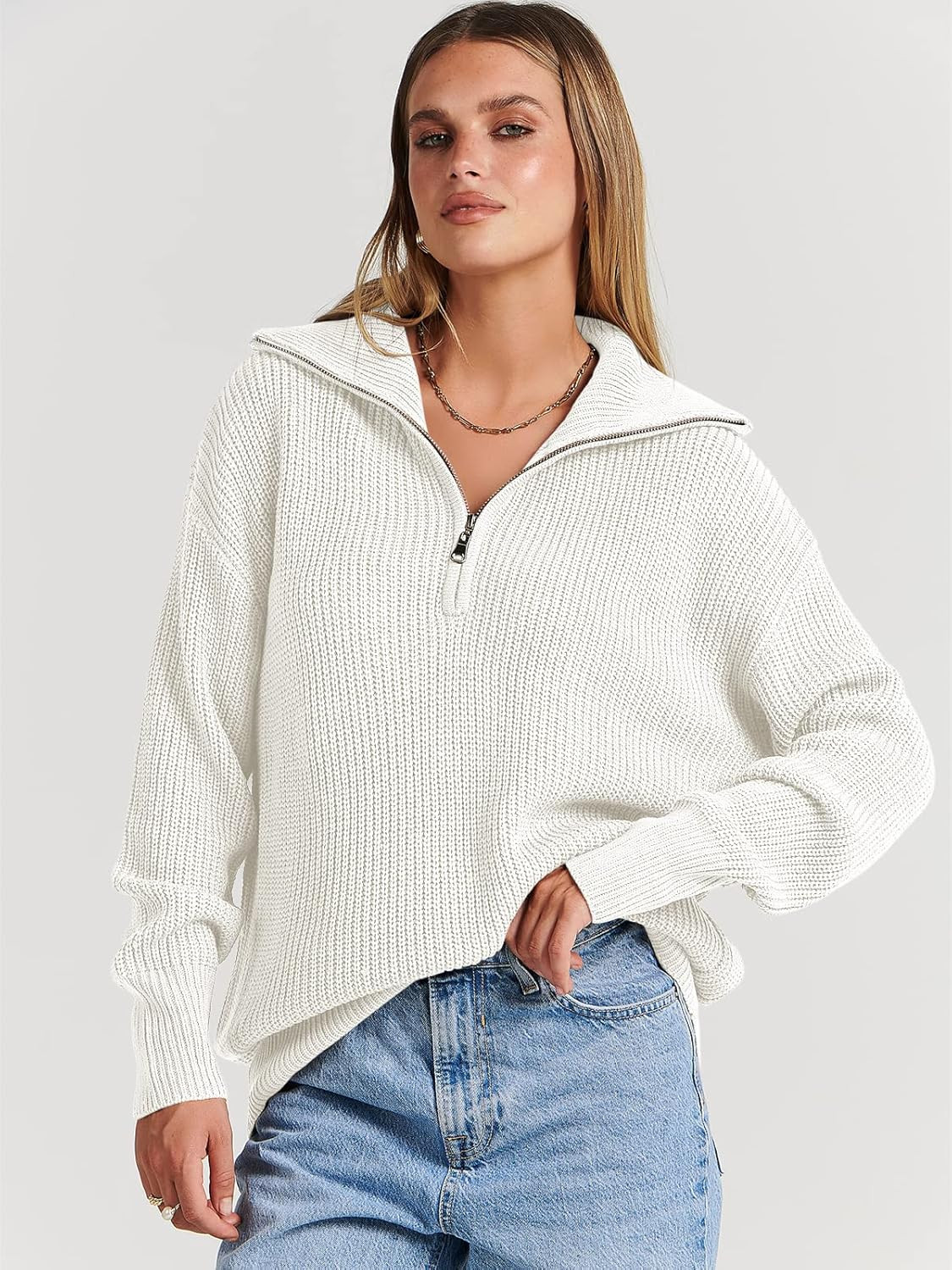 ANRABESS Women's Long Sleeve 1/4 Zipper Henley V Neck Drop Shoulder Oversized Knit Pullover Sweat... | Amazon (US)