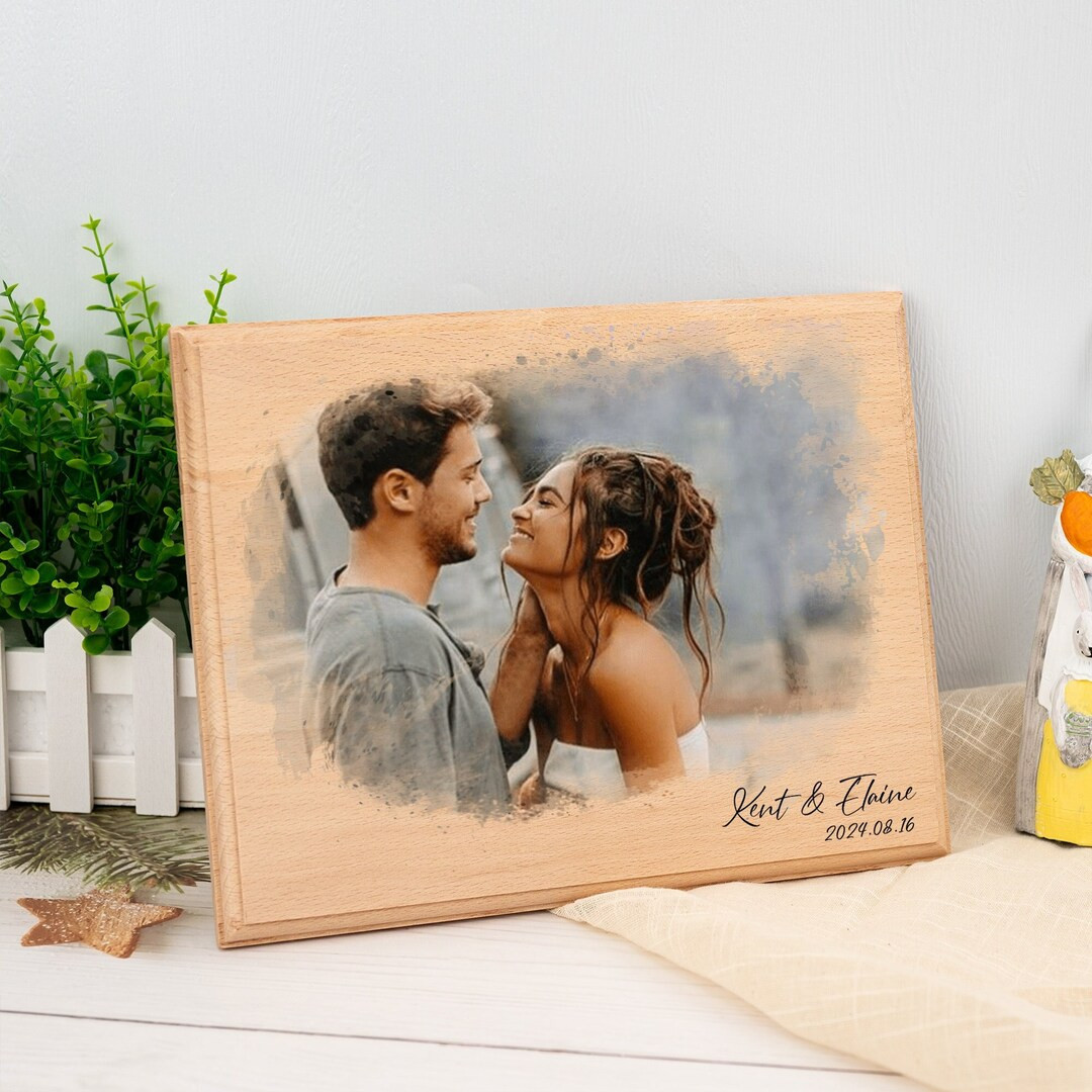 Custom Photo on Wood, Couple Portrait Photo Gift, Engraved Photo on Wood Watercolor Style, Valent... | Etsy (US)