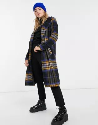 Noisy May tailored longline coat in navy check | ASOS (Global)