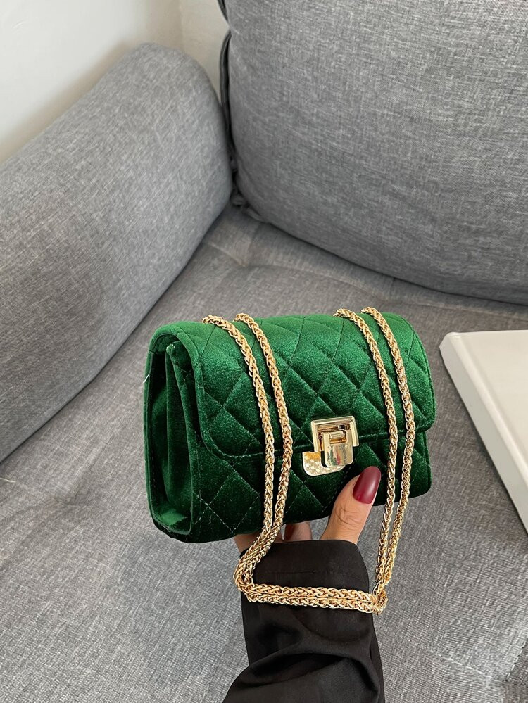 Mini Turn Lock Argyle Quilted Flap Chain Velvet Square Bag | SHEIN