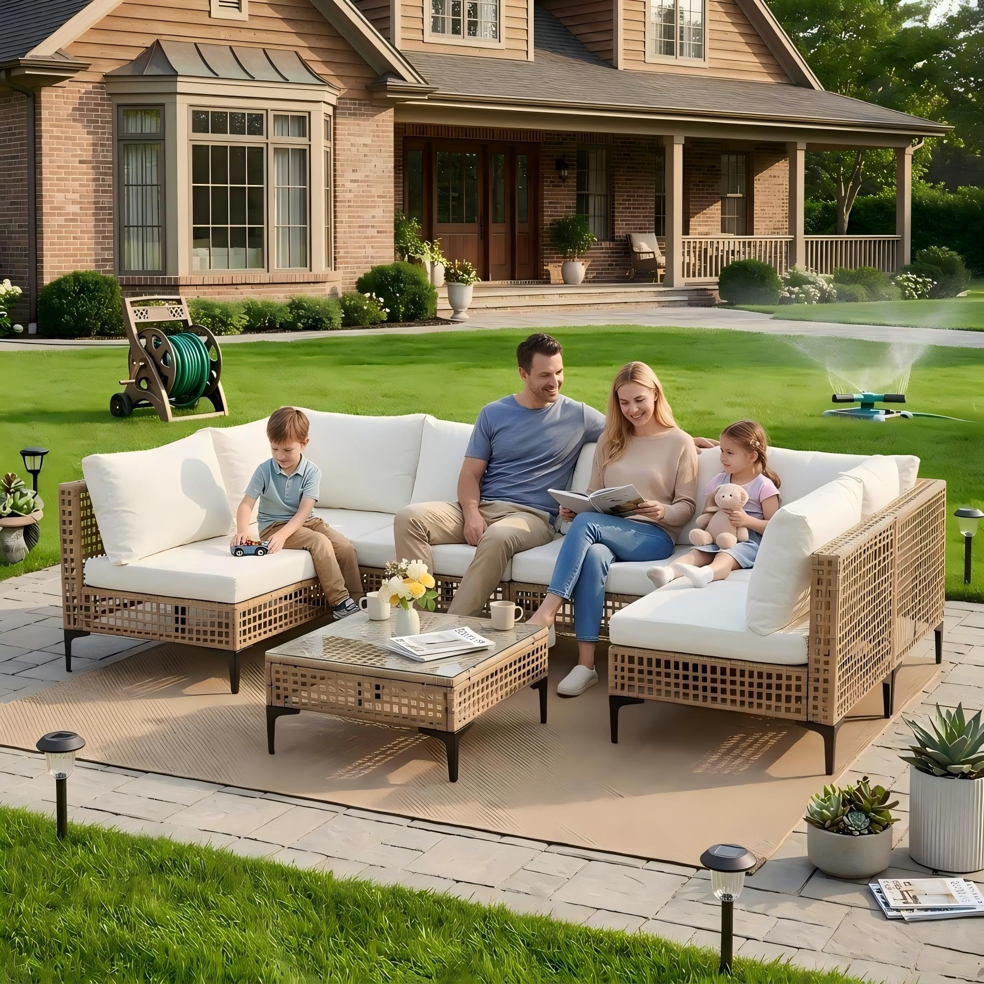 7-Piece Patio Furniture Set, All Weather Wicker Outdoor Sectional Conversation Sofa w/Thick Cushi... | Amazon (US)