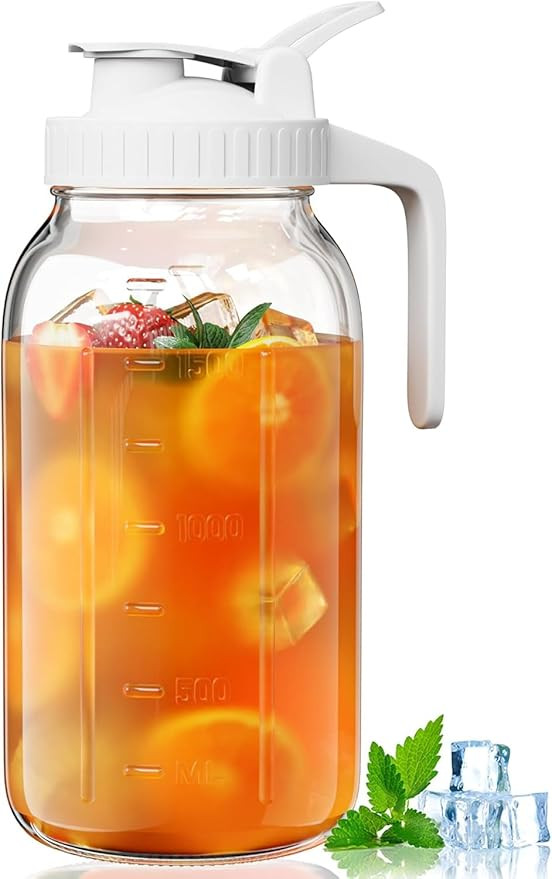 64oz Glass Pitcher, 2 Quart Mason Jar Pitcher with Lid and Spout | Wide Mouth | Airtight | Leakpr... | Amazon (US)