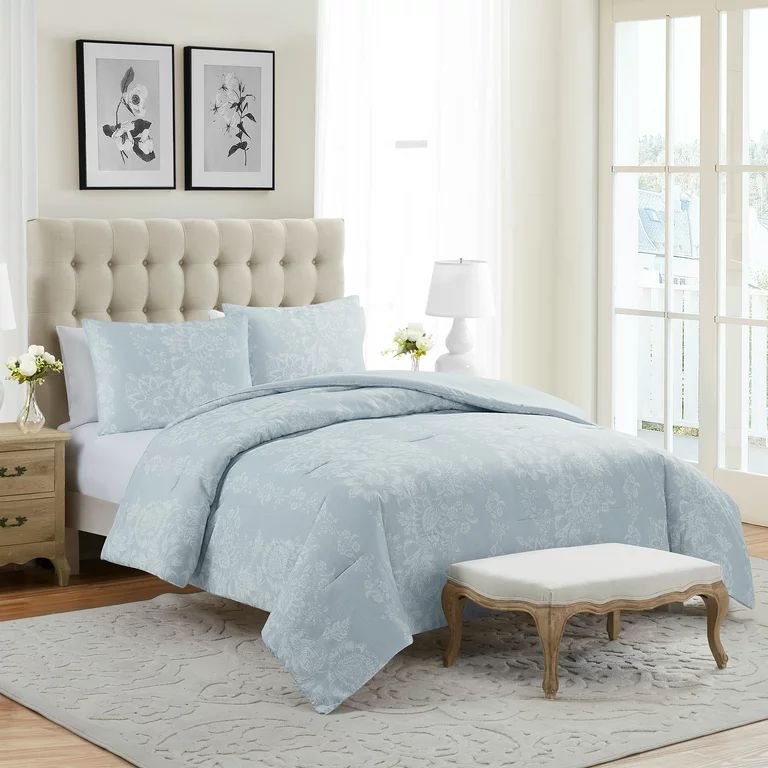 My Texas House Caroline 3-Piece Blue Floral Slub Comforter Set, Full/Queen | Walmart (US)