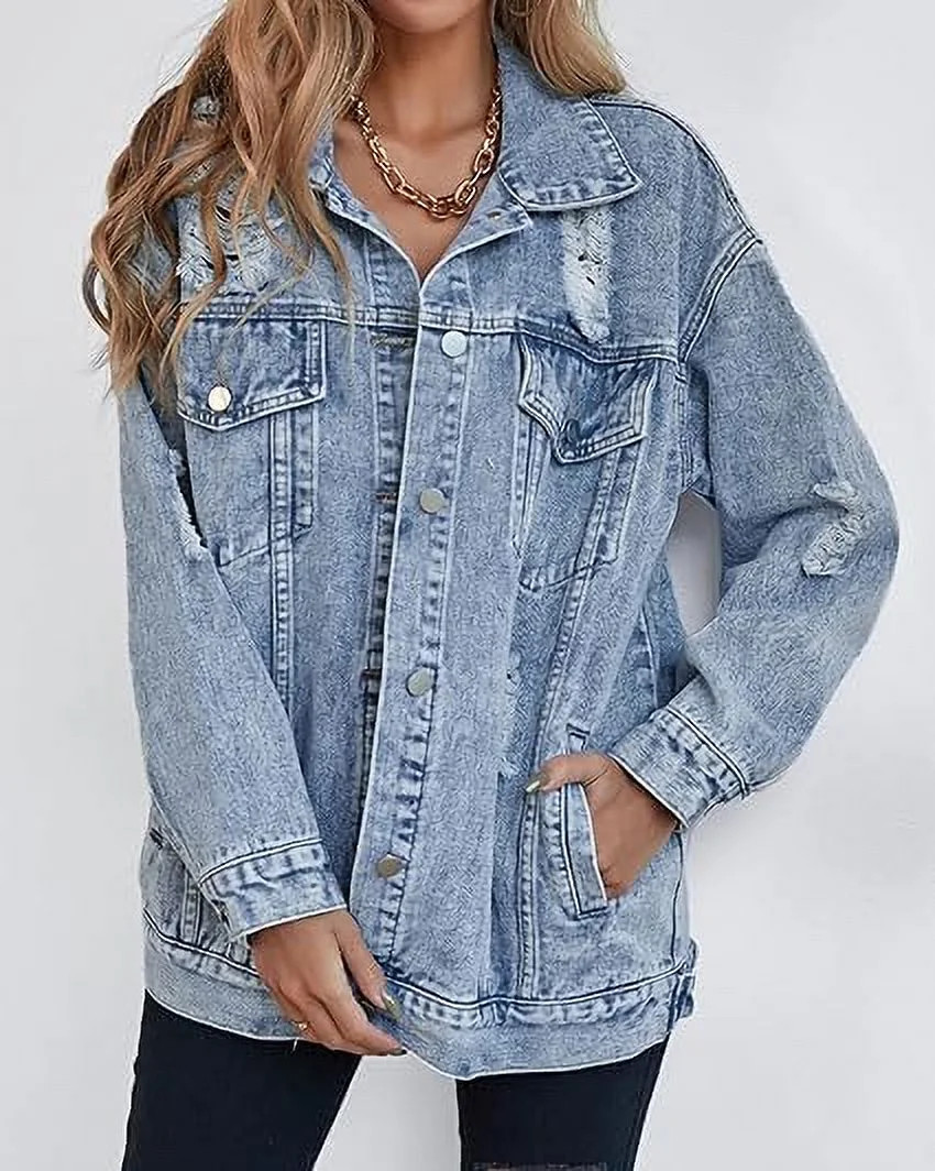 Women's Long Oversized Denim Jacket Boyfriend Ripped Vintage Denim Jacket Coat | Walmart (US)