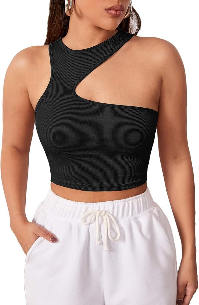 Verdusa Women's Asymmetrical Neck Sleeveless Slim Fitted Ribbed Crop Tank Top | Amazon (US)