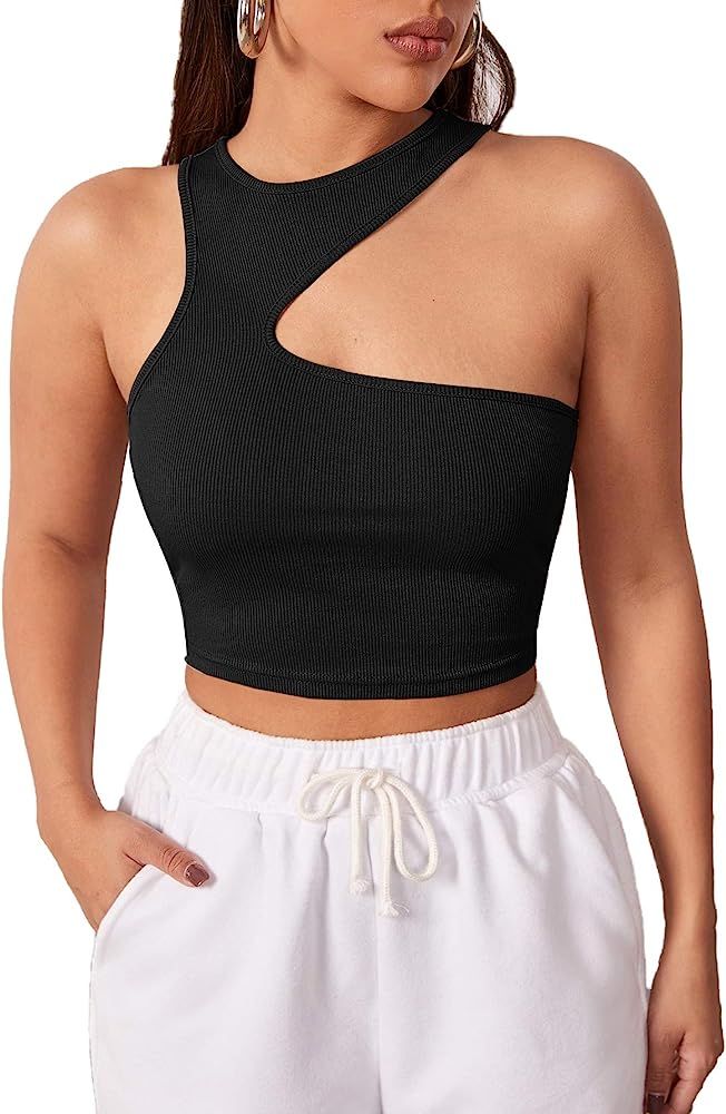 Verdusa Women's Asymmetrical Neck Sleeveless Slim Fitted Ribbed Crop Tank Top | Amazon (US)