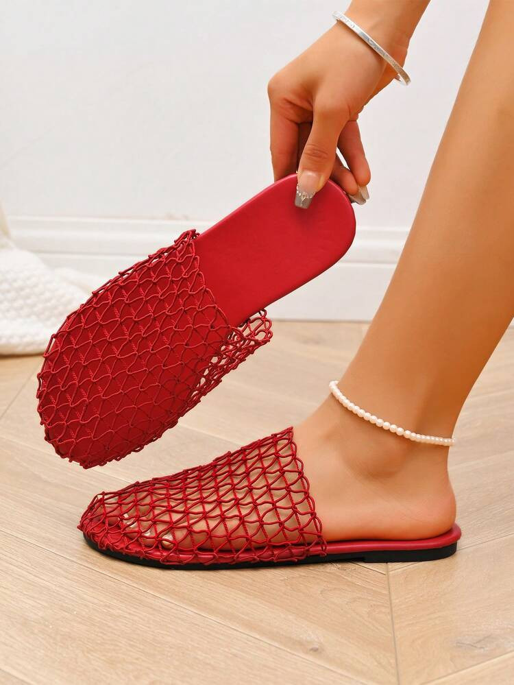 Women's Fashion Hollow Woven Slip-On Flat Sandals, Bohemian Style Breathable Beach Slippers,Spring Summer Outfits | SHEIN
