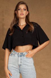 Tangie Cropped Button Through Shirt - Black | MESHKI US